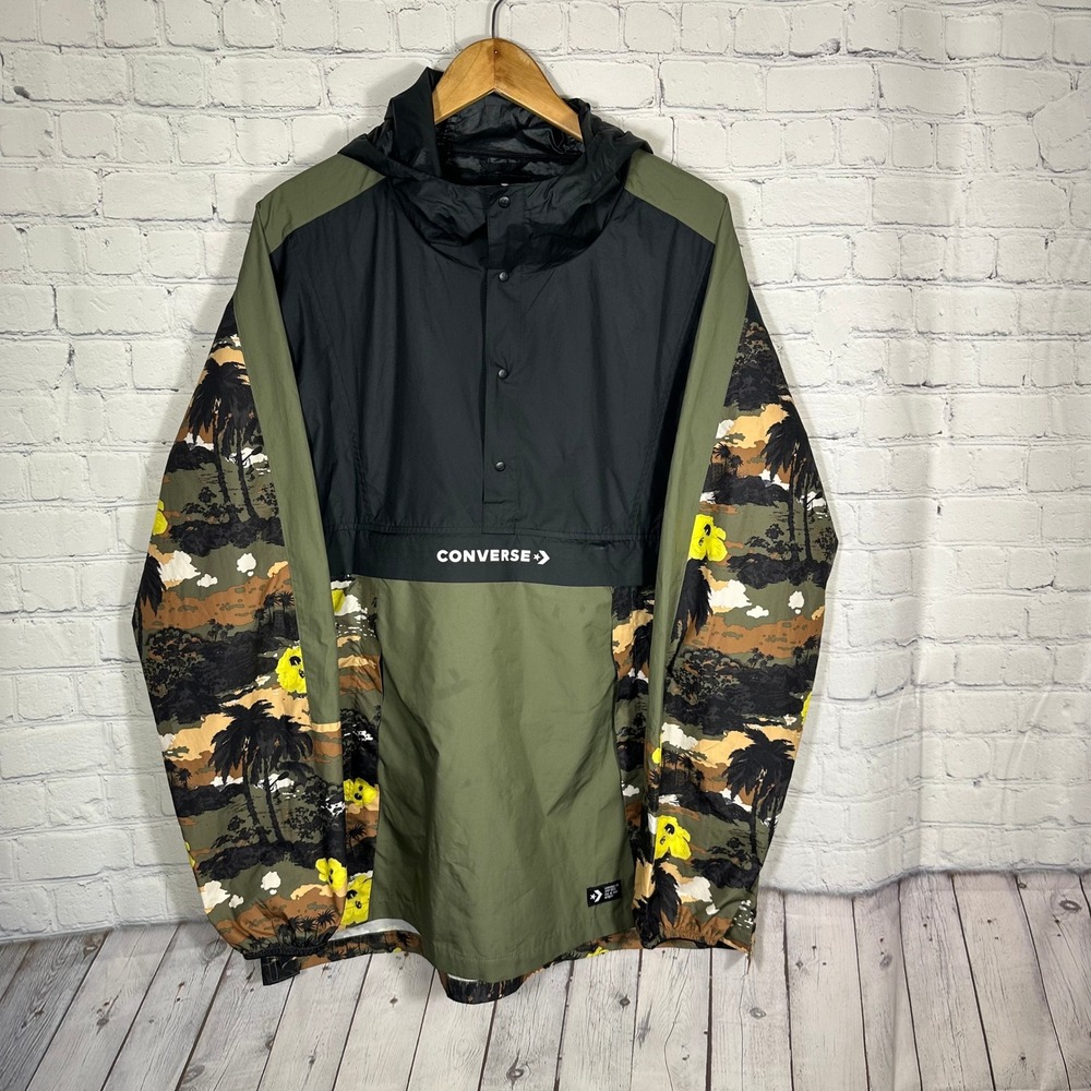 Converse Mens Anorak Windbreaker‎ Jacket Palm Tree Camo Green Black Hooded